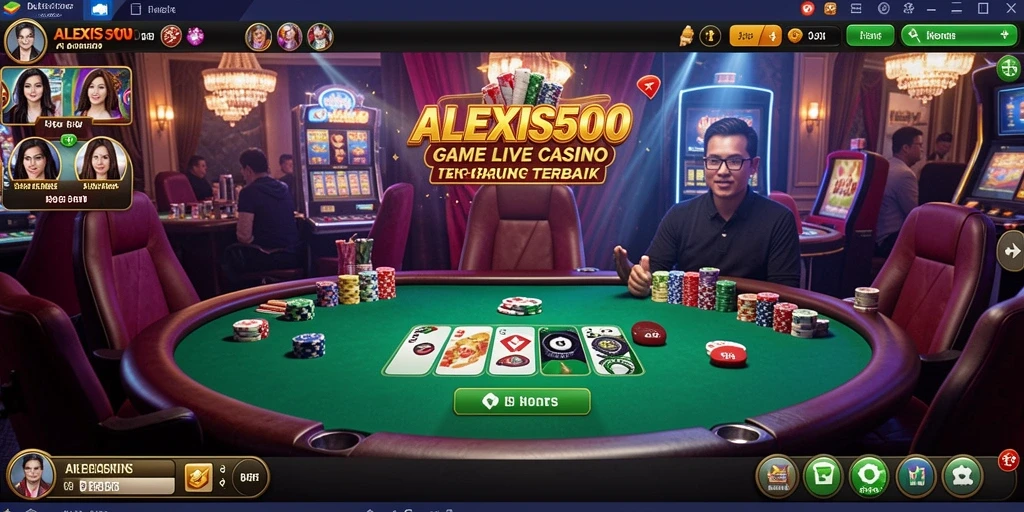 Screenshot permainan ALEXIS500 menampilkan dealer langsung dan suasana kasino yang mendebarkan.