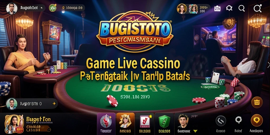 Screenshot utama BUGISTOTO menampilkan dealer profesional dan pemain yang bersenang-senang.