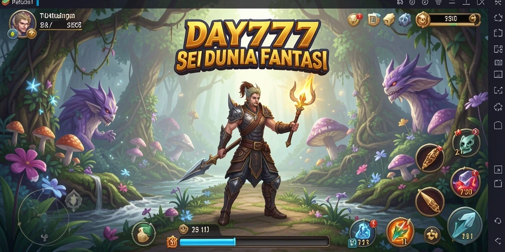 Screenshot utama DAY777 menampilkan gameplay seru dengan karakter petualangan.