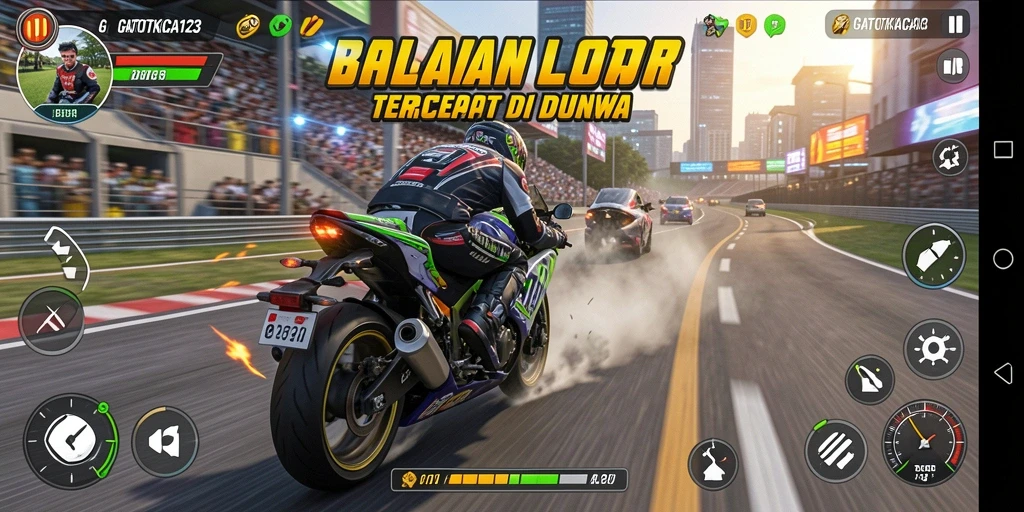 Gameplay GATOTKACA123 yang seru dan mendebarkan di lintasan balap.