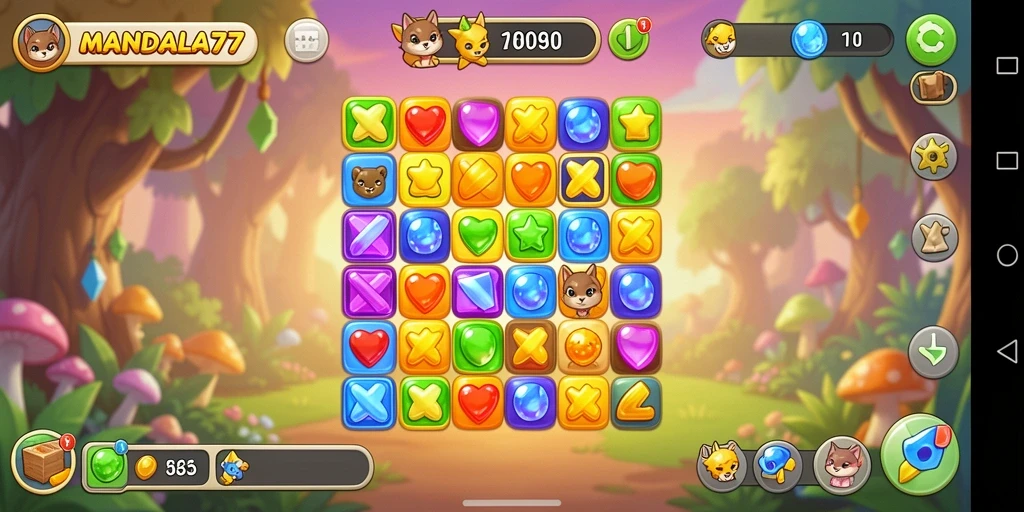 Menggambarkan gameplay seru MANDALA77 dalam mencocokkan elemen Match-3.