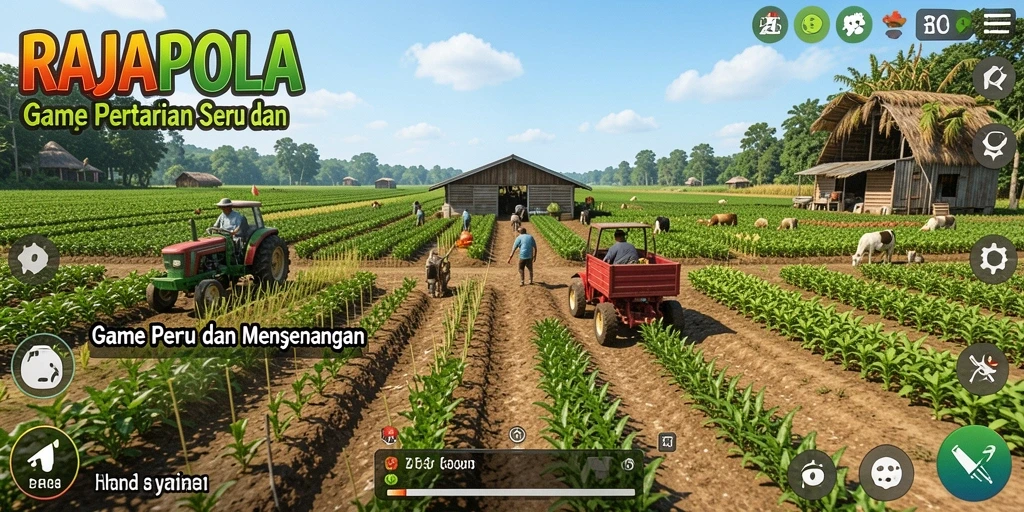 Tampilan gameplay menarik dari RAJAPOLA dengan ladang subur dan hewan ternak.